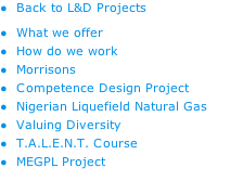 Back to L&D Projects What we offer How do we work Morrisons Competence Design Project  Nigerian Liquefield Natural Gas Valuing Diversity T.A.L.E.N.T. Course MEGPL Project